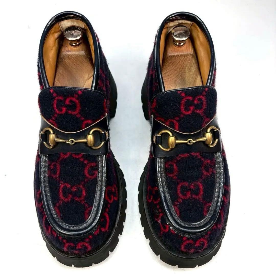 GUCCI グッチ　ブーツ　ホースビット　ローファー　ウール　GG ネイビー