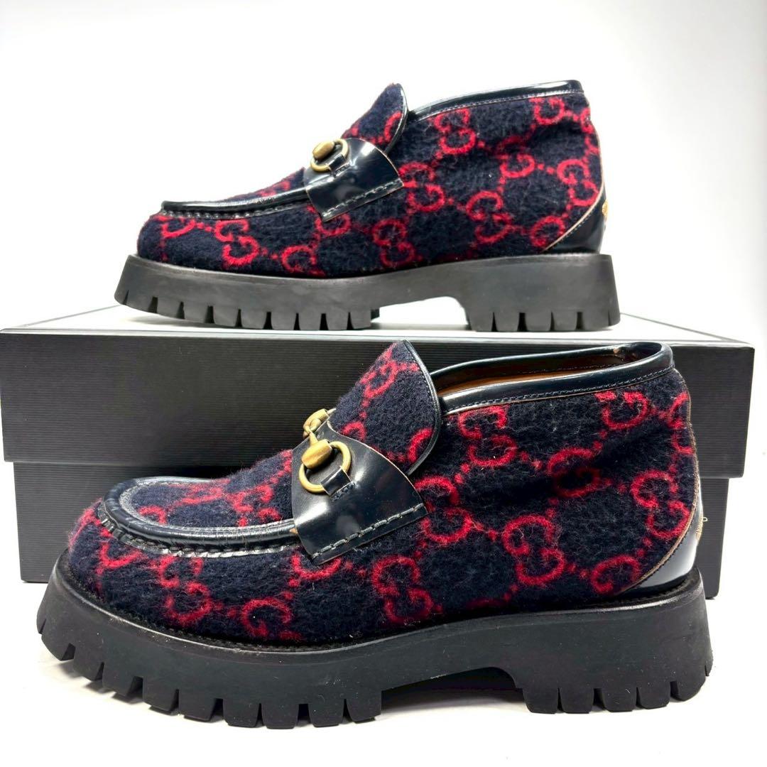GUCCI グッチ　ブーツ　ホースビット　ローファー　ウール　GG ネイビー