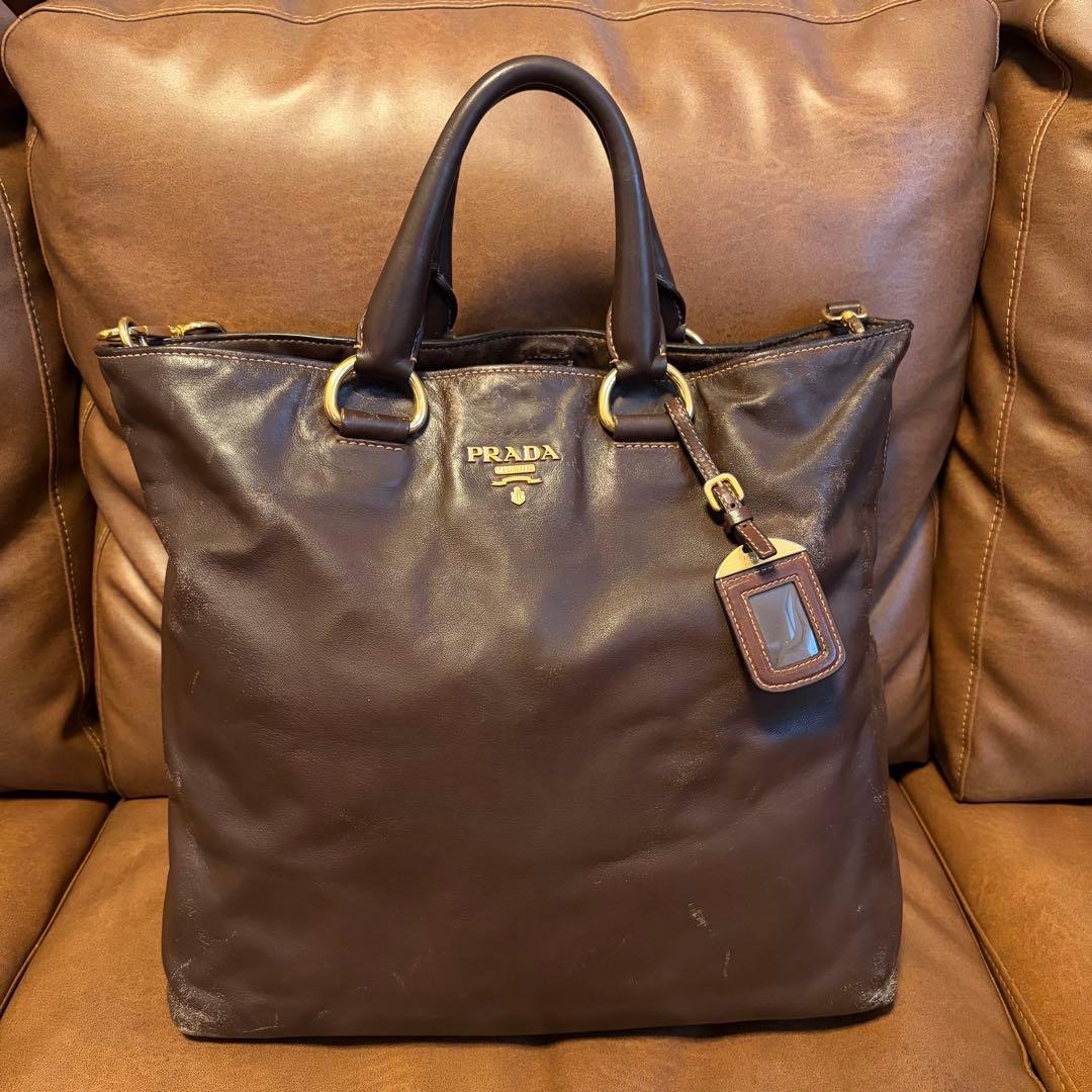 PRADA プラダ ビンテージ レザー 2Way ショルダートートバッグ 茶色