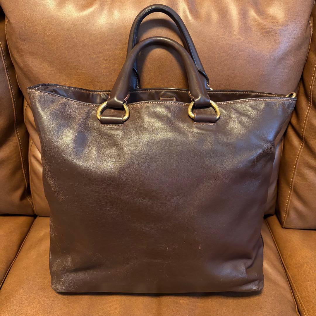 PRADA プラダ ビンテージ レザー 2Way ショルダートートバッグ 茶色