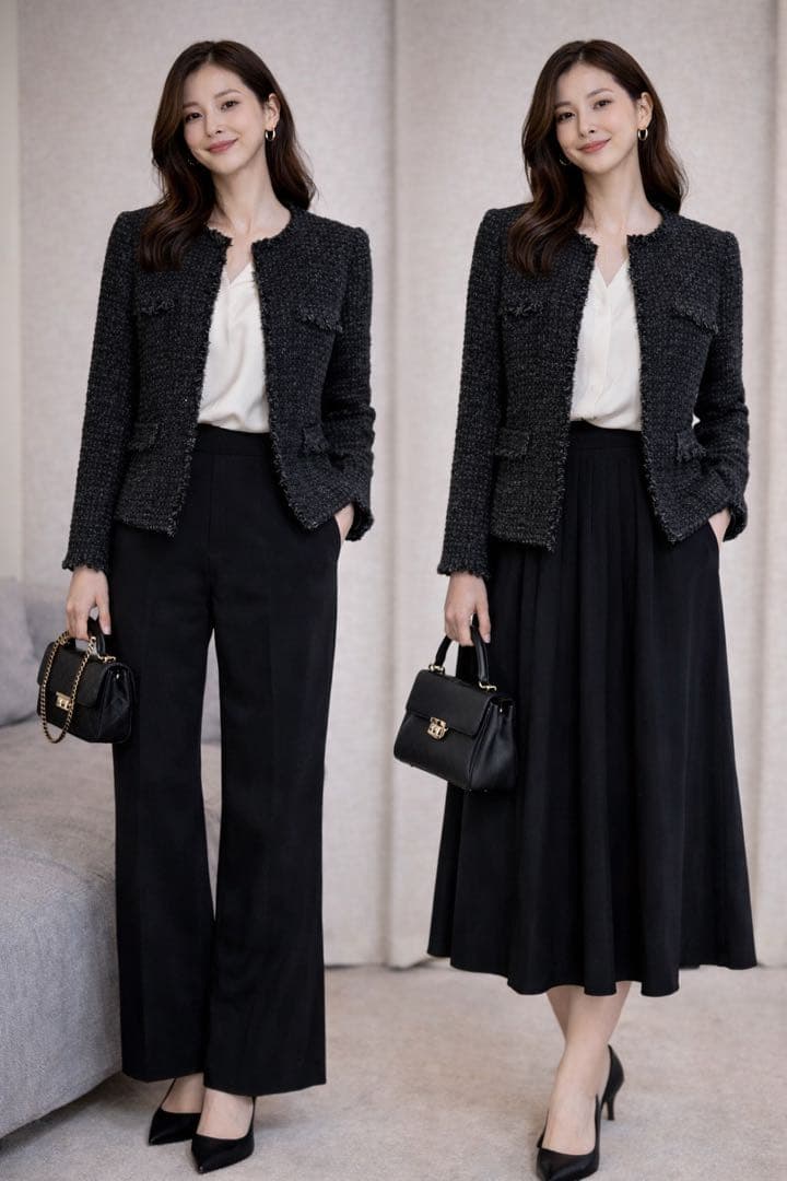 美品 ANAYI アナイ ツイードジャケット ノーカラー ブラック 36 日本製