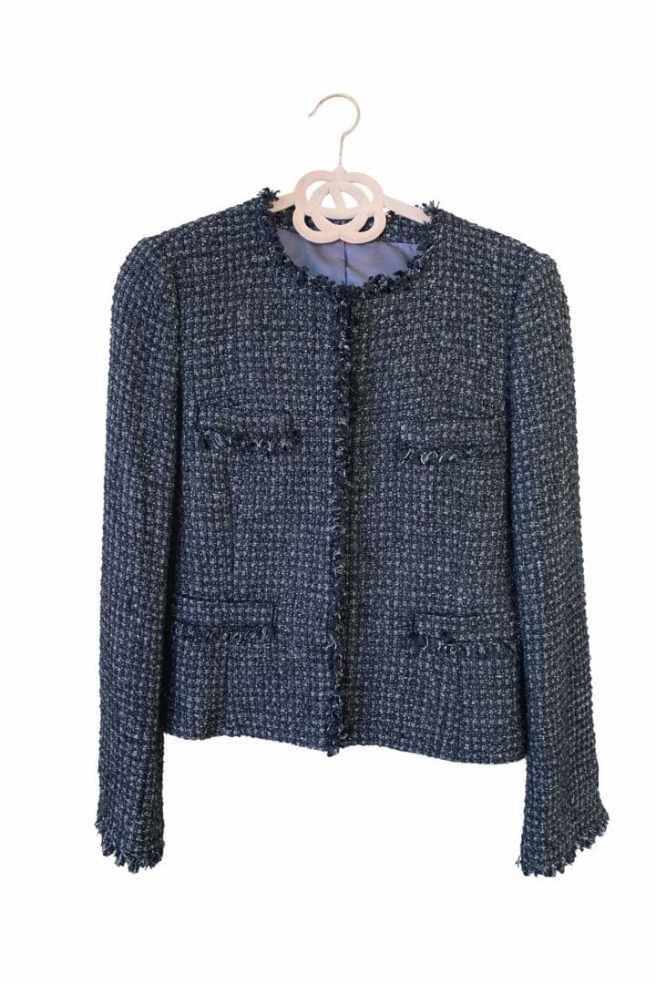 美品 ANAYI アナイ ツイードジャケット ノーカラー ブラック 36 日本製