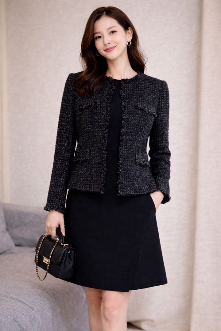 美品 ANAYI アナイ ツイードジャケット ノーカラー ブラック 36 日本製