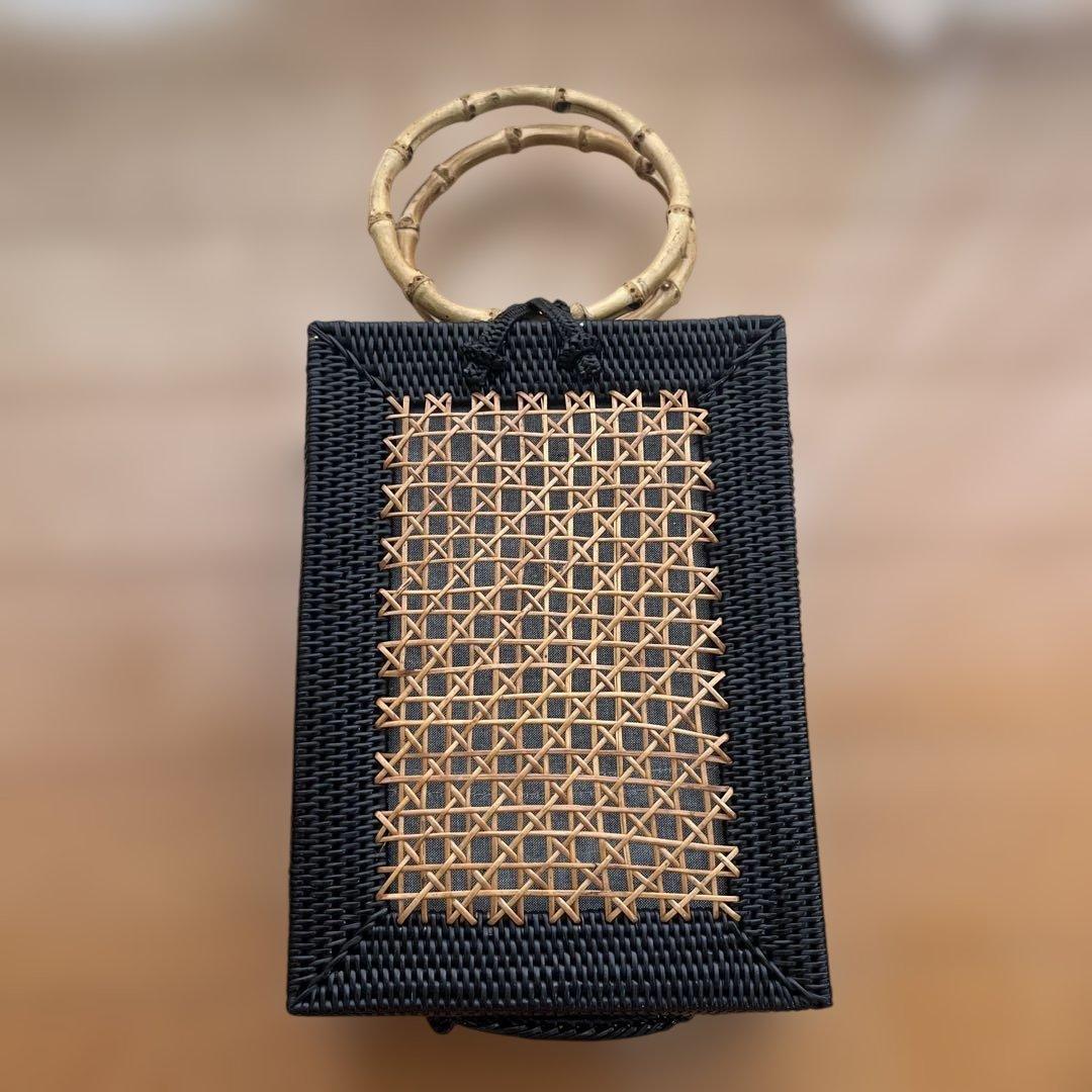 【新品未使用】きものやまと✩⡱アタレクタングル竹ハンドルバッグ【黒】カゴバッグ