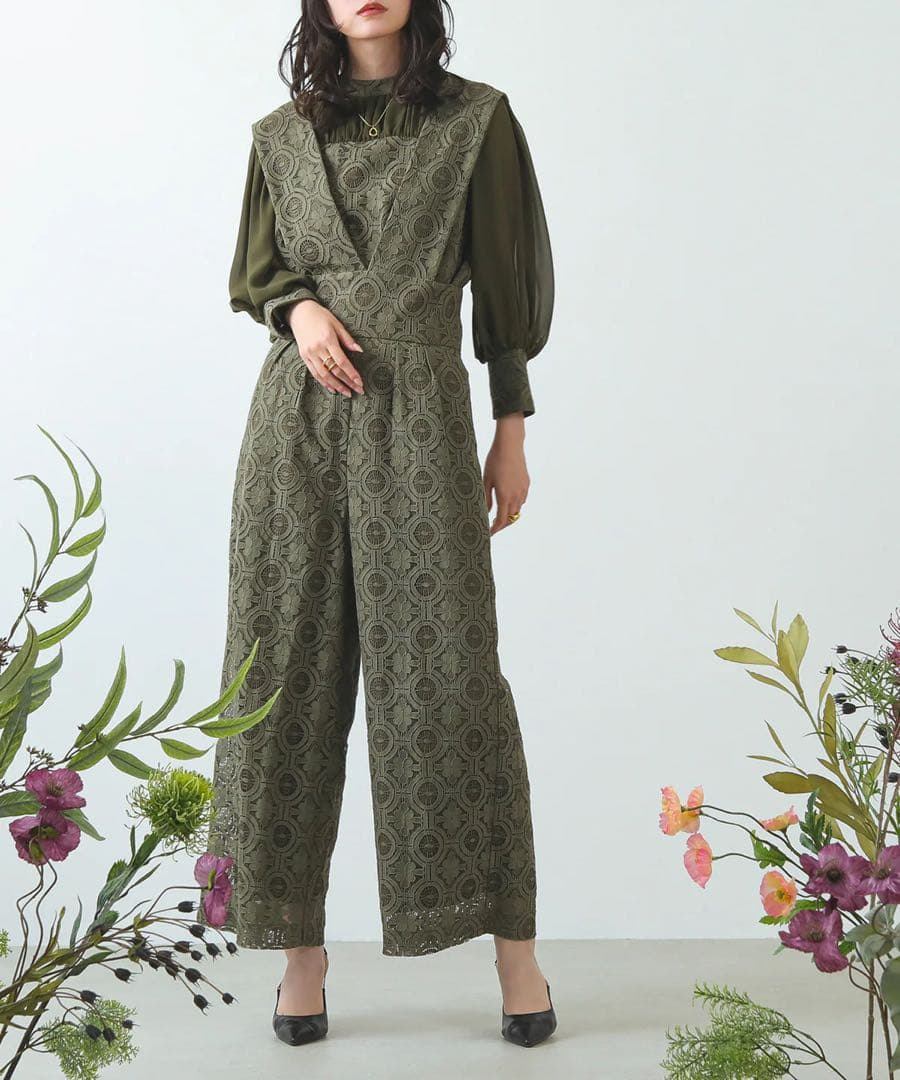 幾何学柄 レース セットアップ パンツ パーティードレス