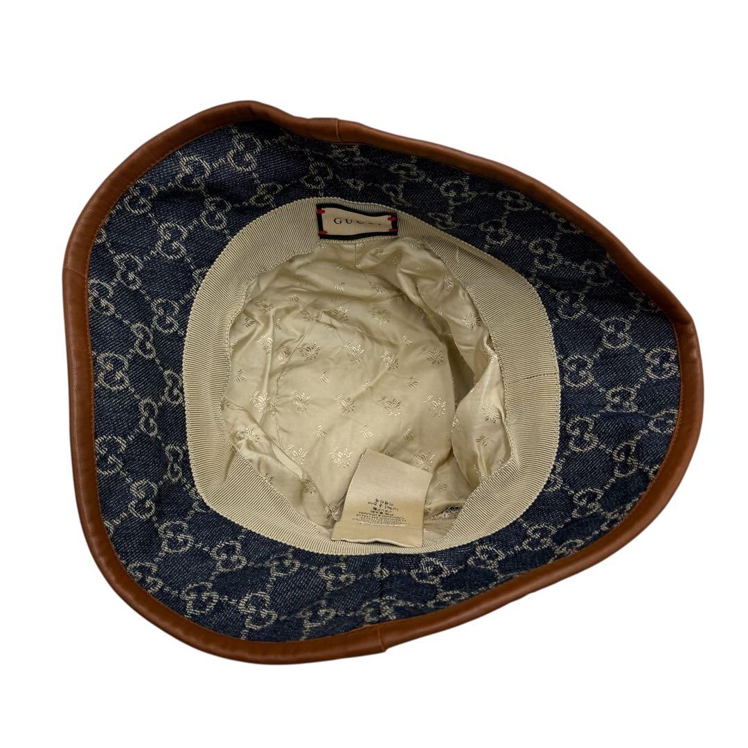 グッチ GUCCI GG柄 レザー切替デニムバケットハット バケハ L 59cm