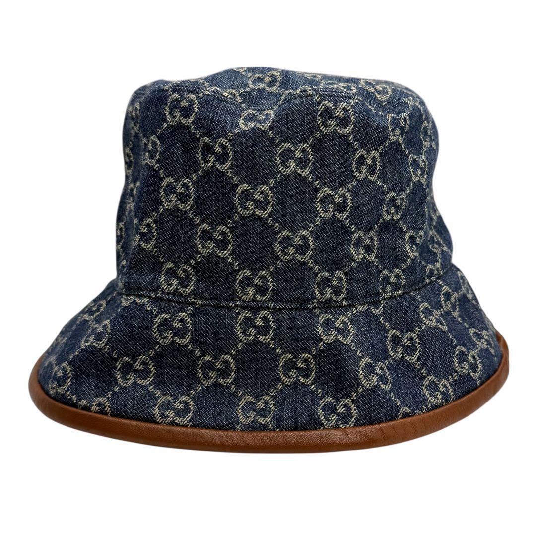 グッチ GUCCI GG柄 レザー切替デニムバケットハット バケハ L 59cm