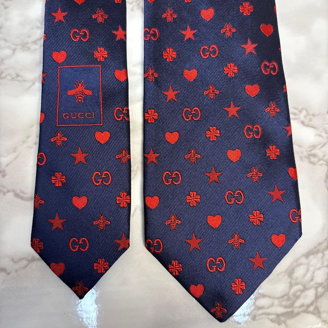 【極美品✨】GUCCI ネクタイ　ネイビー　レッド　ビー　蜂　GG 赤　紺　刺繍
