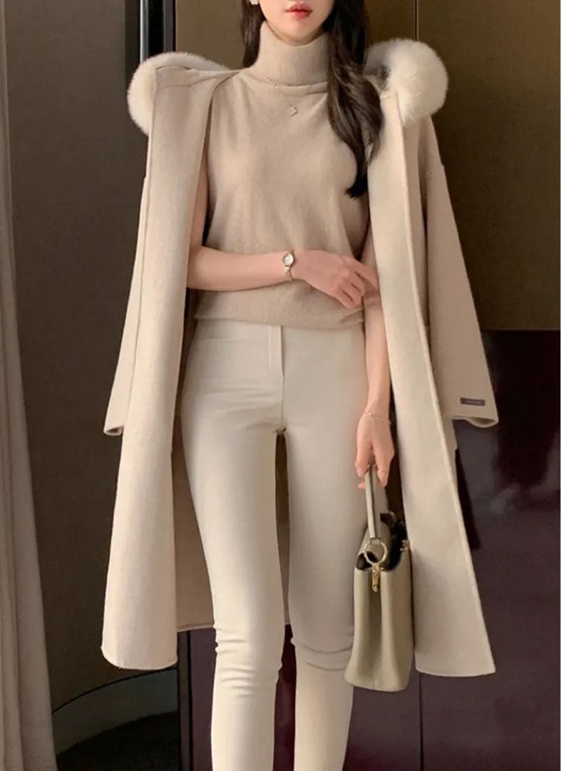 DHOLIC ストラップ付ファーフードロングコート アウター