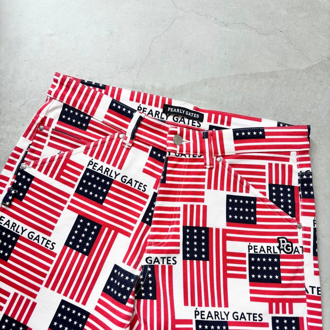 【美品】PEARLY GATES 星条旗 総柄 ストレッチロングパンツ ロゴ刺繍