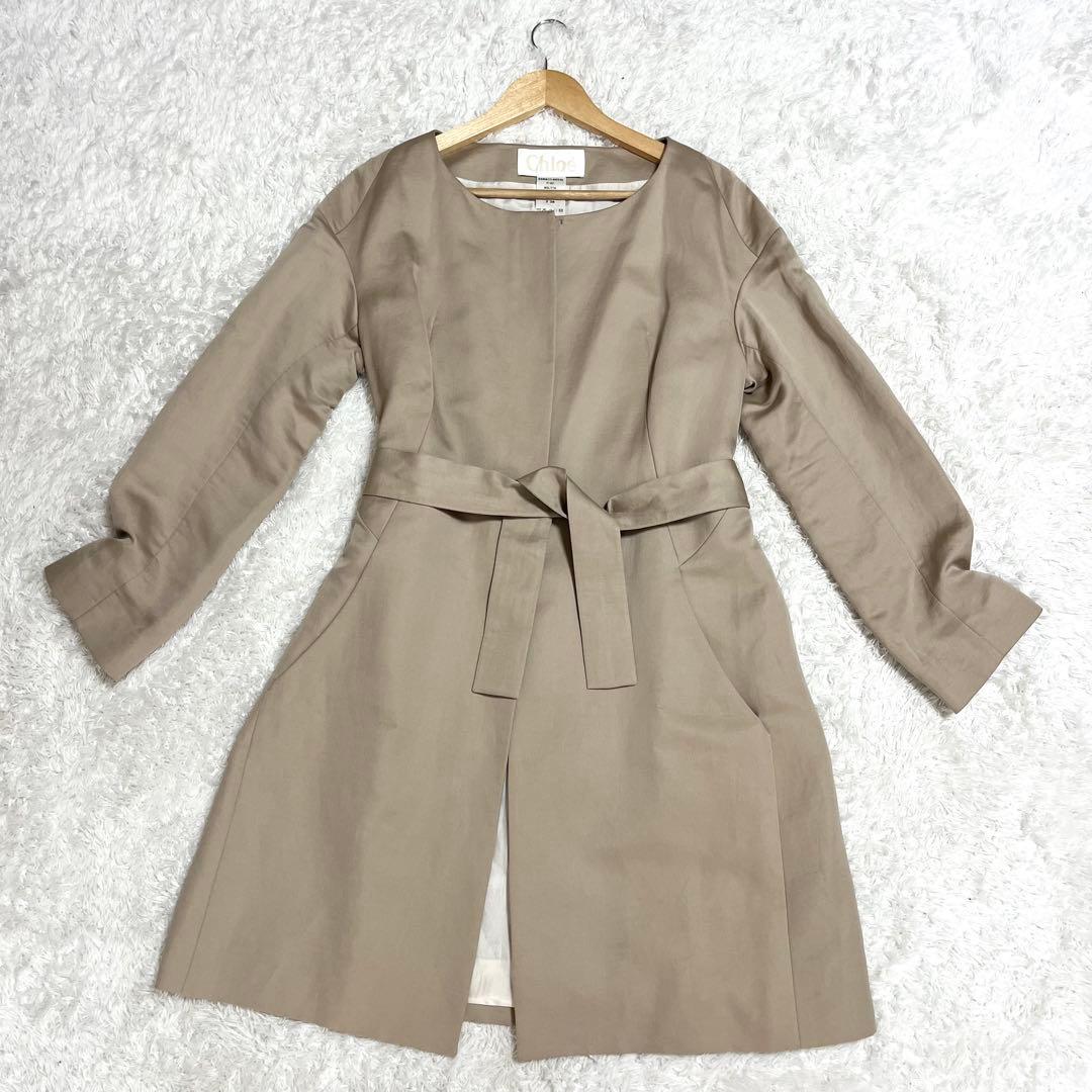 クロエ Chloe ノーカラーコート 高級素材 リネン シルク ベルト