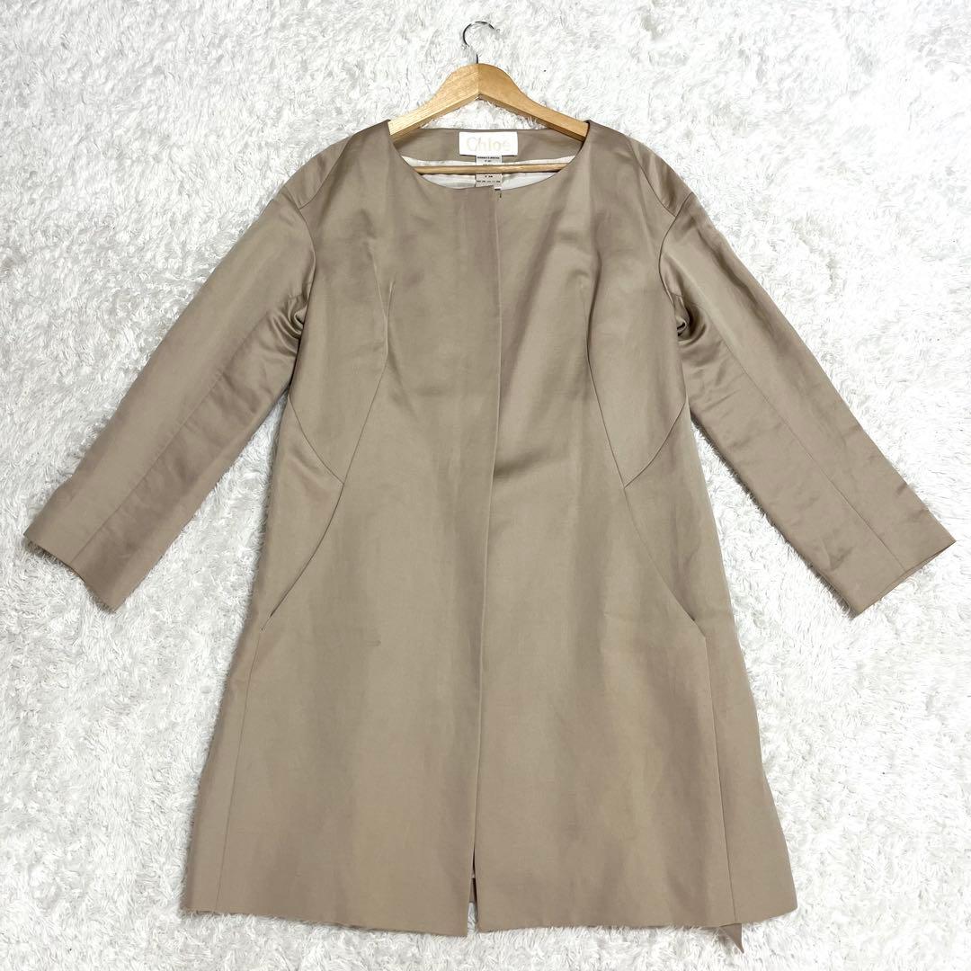 クロエ Chloe ノーカラーコート 高級素材 リネン シルク ベルト