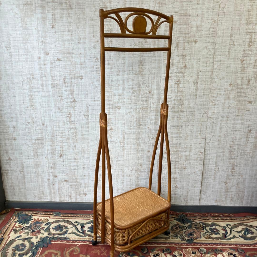 昭和レトロ 洋梨柄 ラタンハンガーラック キャスター付き 籐家具 古道具 古家具