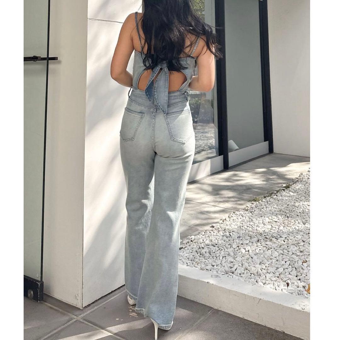 GYDA GYDA BACKリボンデニムロンパース ライトブルー S