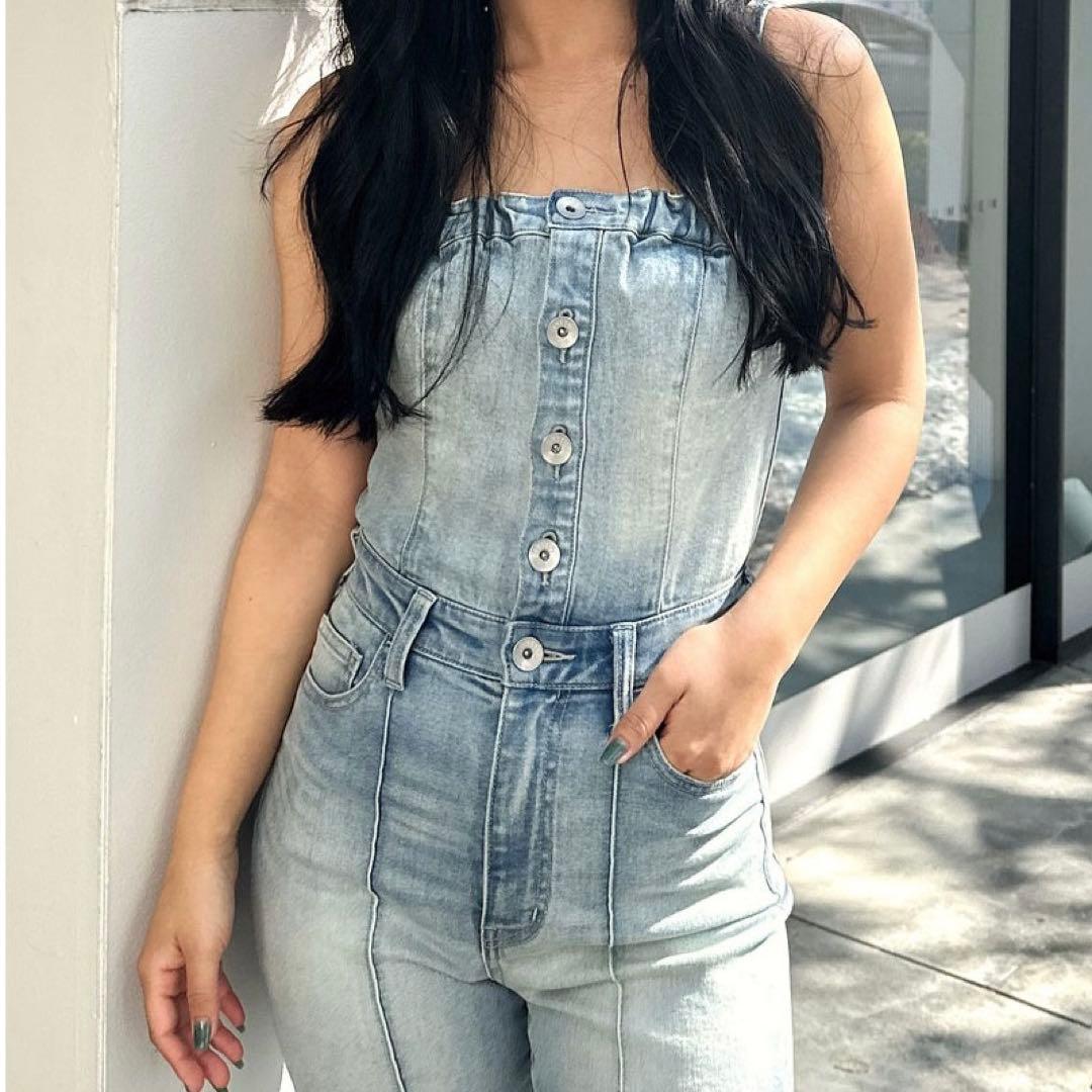 GYDA GYDA BACKリボンデニムロンパース ライトブルー S