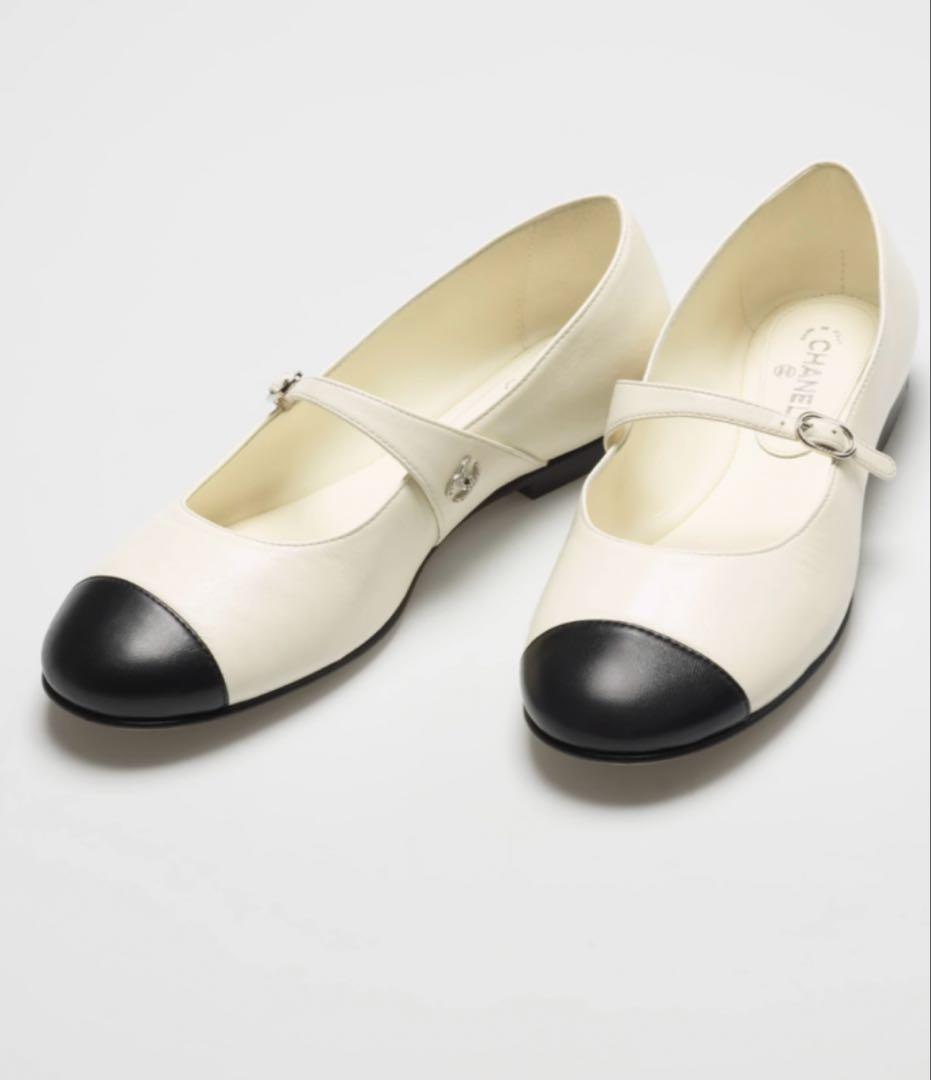 シャネル メリージェーン バレリーナ フラットシューズ ホワイト ツートン 37