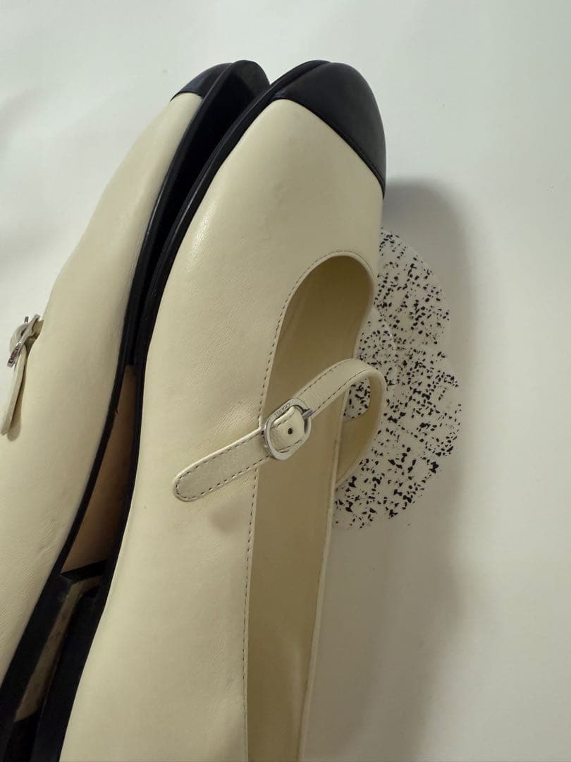 シャネル メリージェーン バレリーナ フラットシューズ ホワイト ツートン 37