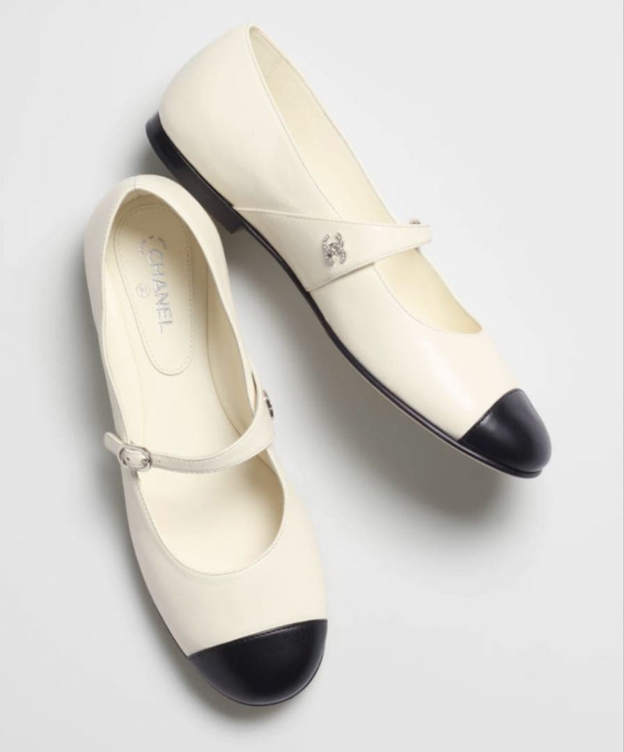 シャネル メリージェーン バレリーナ フラットシューズ ホワイト ツートン 37