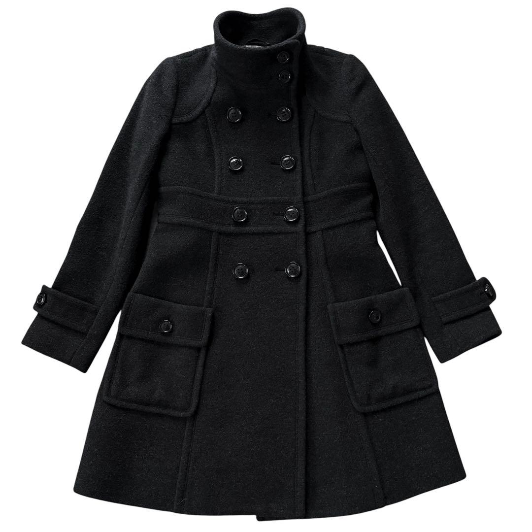 バーバリー モヘヤ混 ロングコート ダブルボタン フレア Aライン 黒 40