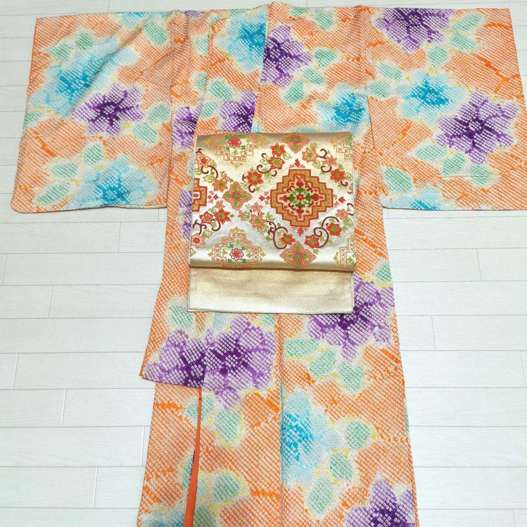 【総絞り】レアカラー ビタミン系 大きなお花 小紋 少しアンティーク