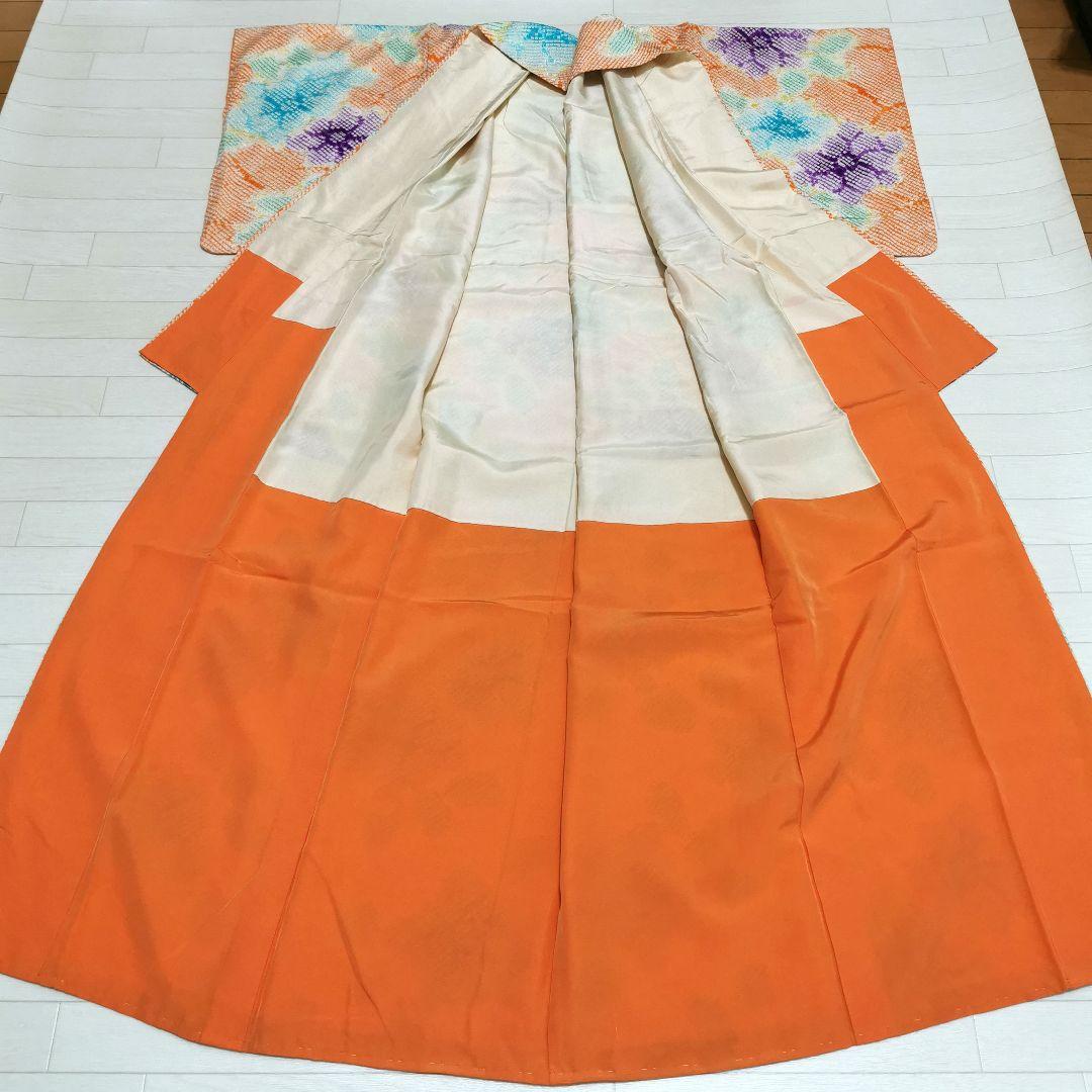 【総絞り】レアカラー ビタミン系 大きなお花 小紋 少しアンティーク