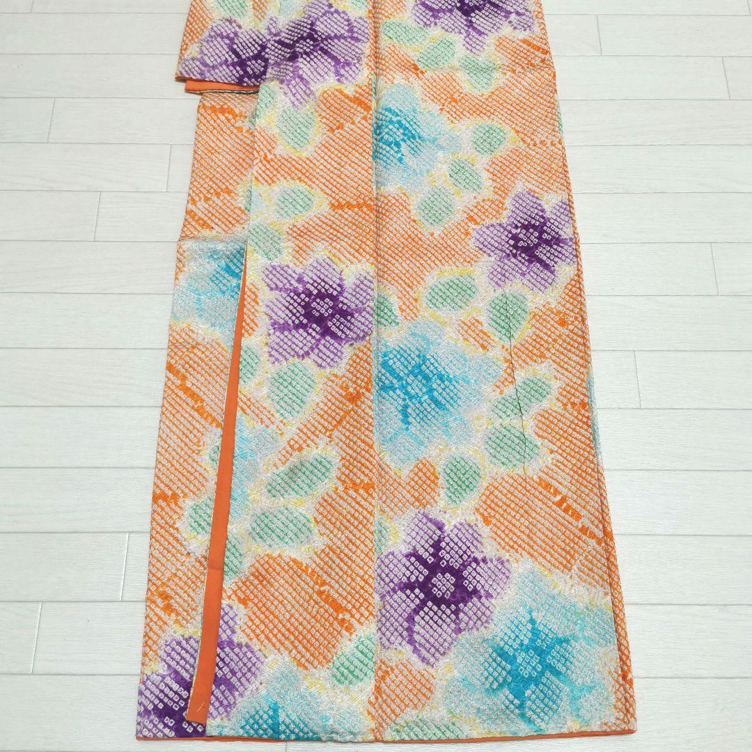 【総絞り】レアカラー ビタミン系 大きなお花 小紋 少しアンティーク