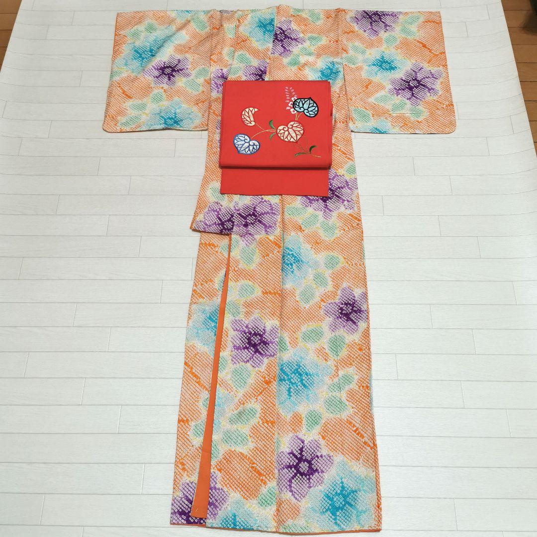 【総絞り】レアカラー ビタミン系 大きなお花 小紋 少しアンティーク