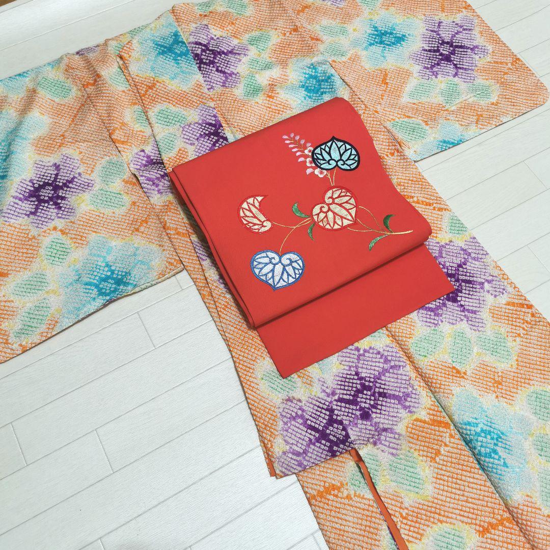 【総絞り】レアカラー ビタミン系 大きなお花 小紋 少しアンティーク