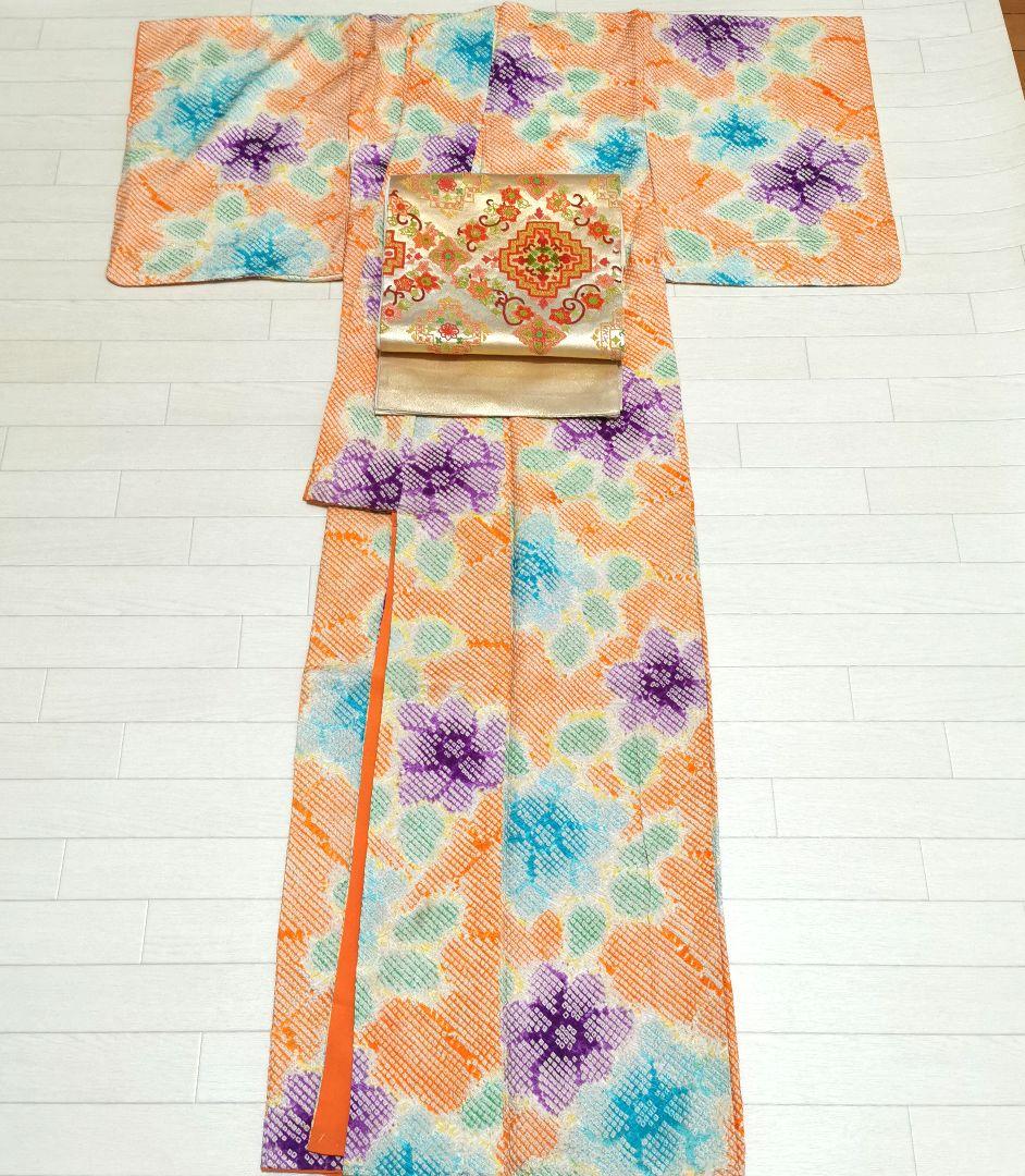 【総絞り】レアカラー ビタミン系 大きなお花 小紋 少しアンティーク