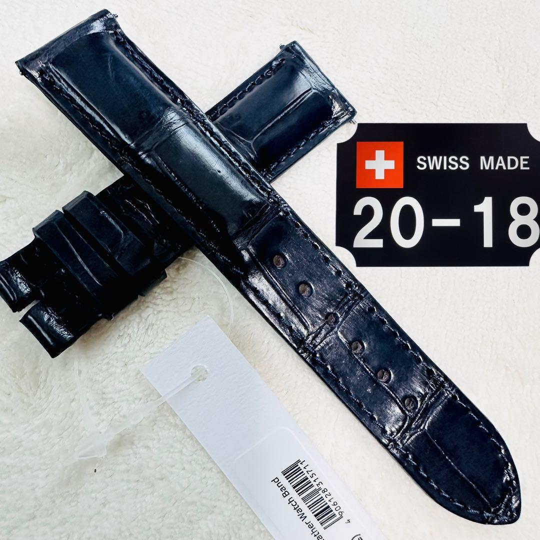3069#20mm-18mmミッドナイトブルー★本物クロコダイルベルト★スイス製