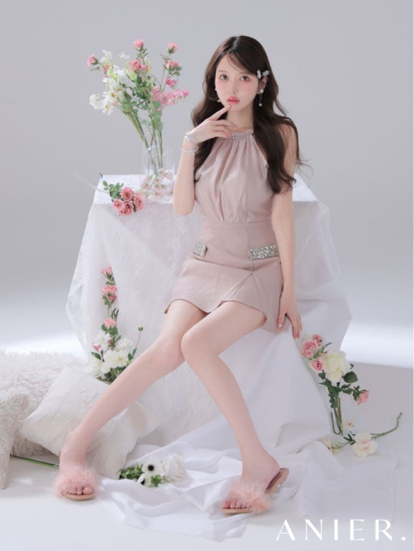 ローブドフルールサテンビジューミニドレス