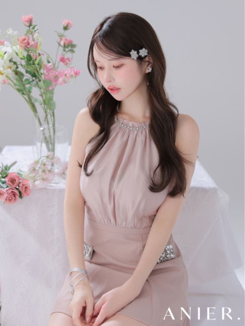 ローブドフルールサテンビジューミニドレス