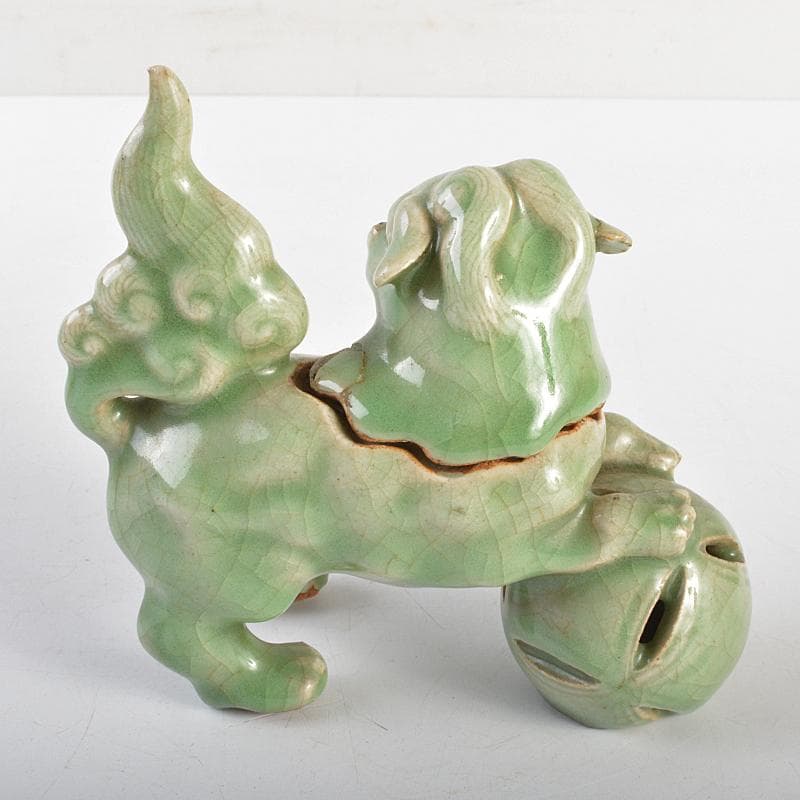 茶道具　香道具　青磁　玉取獅子　香炉　時代箱付　M　R7351