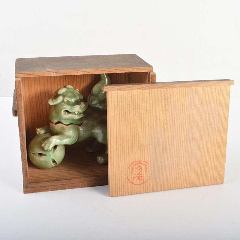 茶道具　香道具　青磁　玉取獅子　香炉　時代箱付　M　R7351