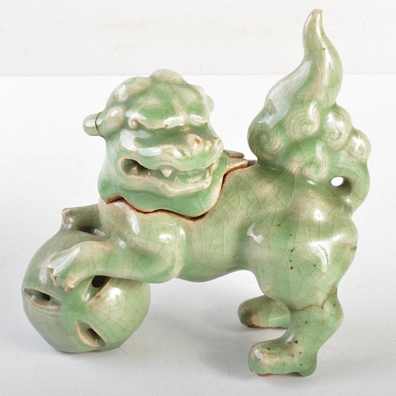 茶道具　香道具　青磁　玉取獅子　香炉　時代箱付　M　R7351