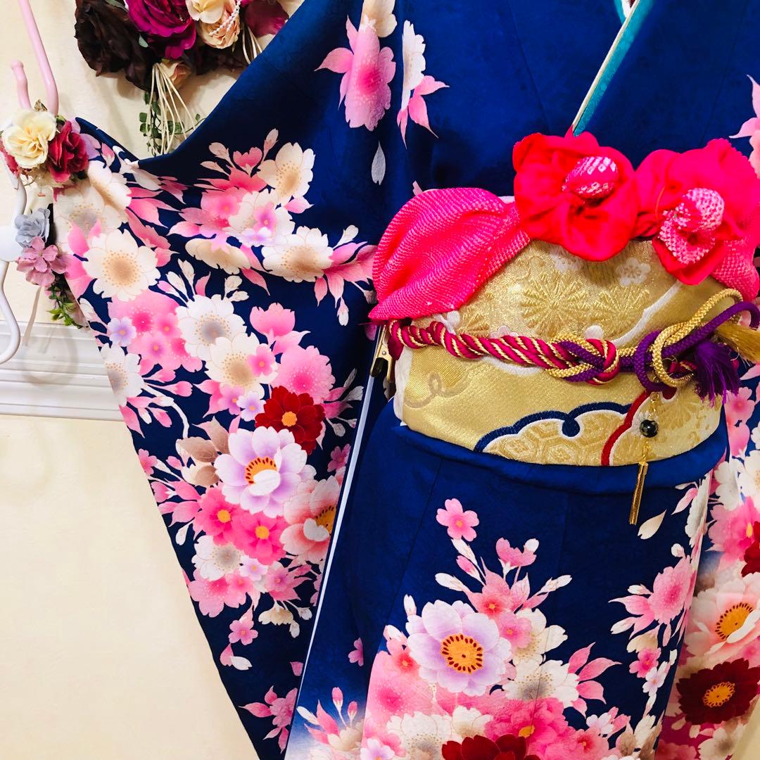 豪華振袖完全フルセット‼️正絹人気Blue花々金糸刺繍金彩煌びやか際立つ‼️銘品