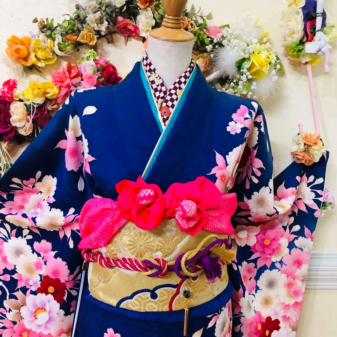 豪華振袖完全フルセット‼️正絹人気Blue花々金糸刺繍金彩煌びやか際立つ‼️銘品