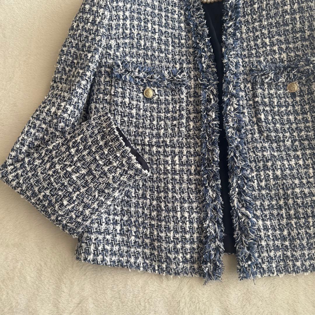 CAR様　ANAYI アナイ ツイード ノーカラージャケット ブルー 青 36