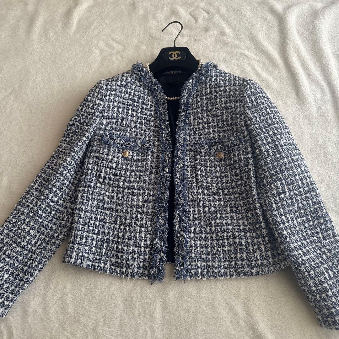 CAR様　ANAYI アナイ ツイード ノーカラージャケット ブルー 青 36