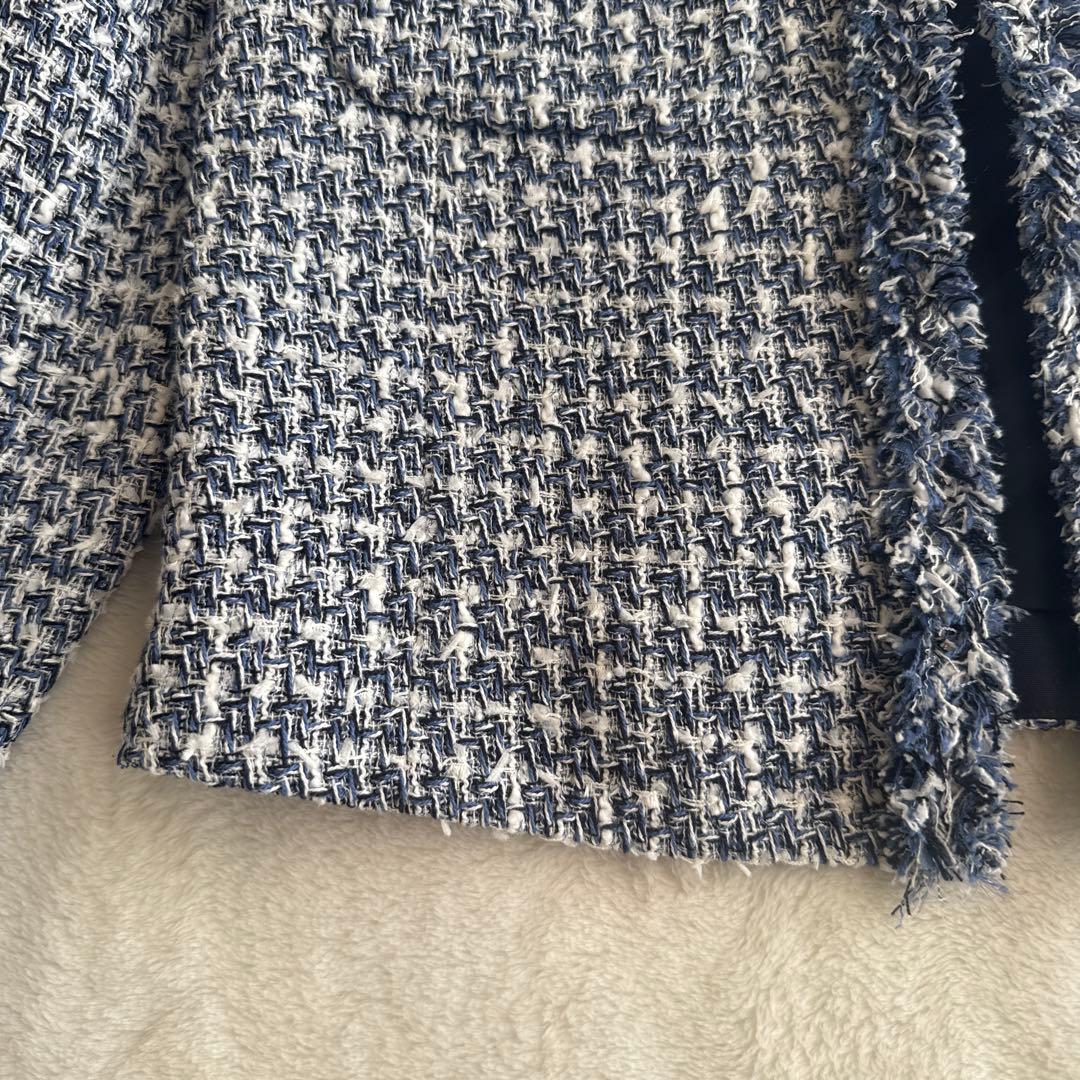 CAR様　ANAYI アナイ ツイード ノーカラージャケット ブルー 青 36