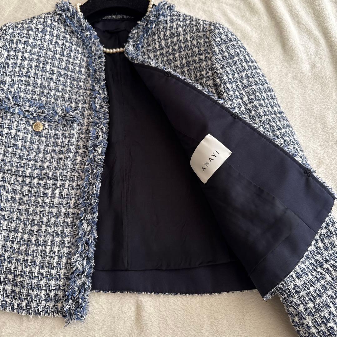 CAR様　ANAYI アナイ ツイード ノーカラージャケット ブルー 青 36