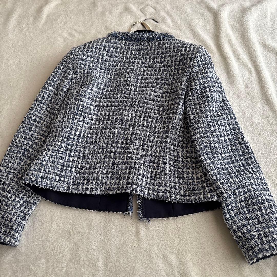 CAR様　ANAYI アナイ ツイード ノーカラージャケット ブルー 青 36