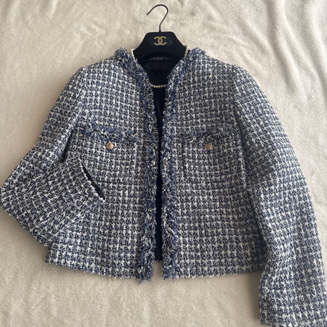 CAR様　ANAYI アナイ ツイード ノーカラージャケット ブルー 青 36