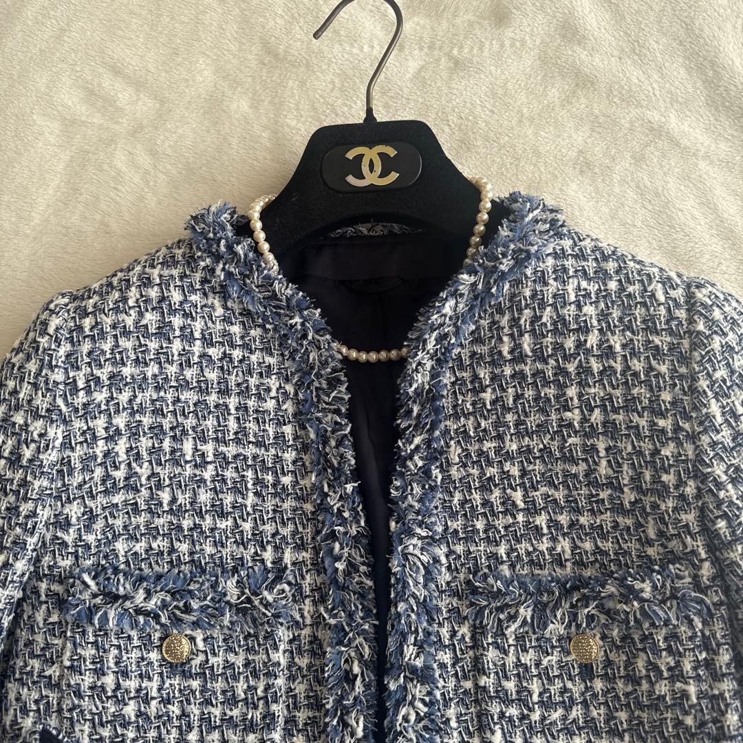 CAR様　ANAYI アナイ ツイード ノーカラージャケット ブルー 青 36