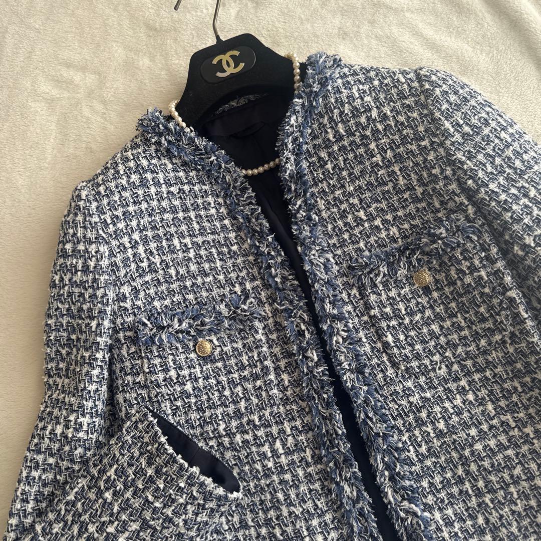 CAR様　ANAYI アナイ ツイード ノーカラージャケット ブルー 青 36