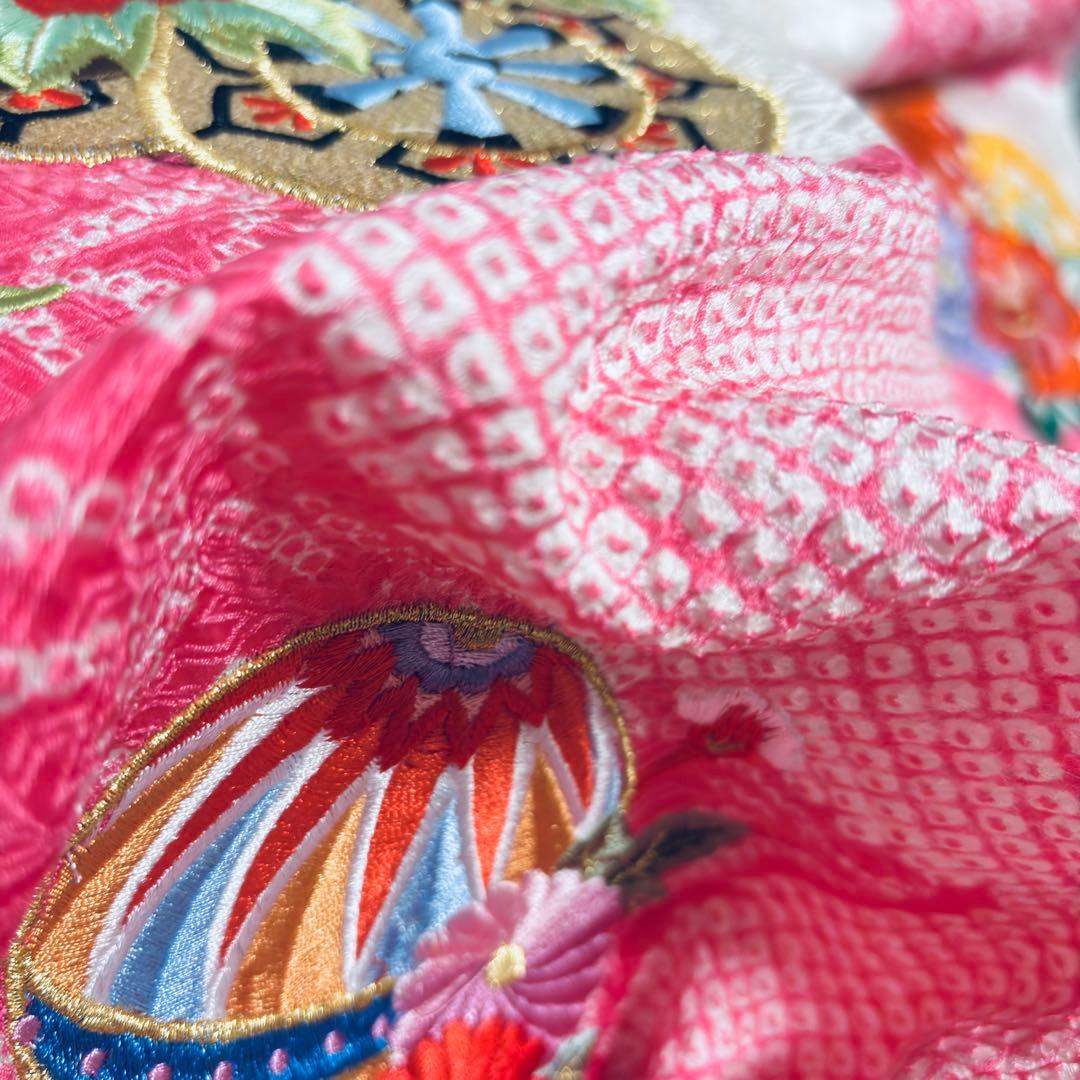 【新品未使用】豪華総絞り 総刺繍 正絹 お宮参り 産着 長襦袢付 ピンク