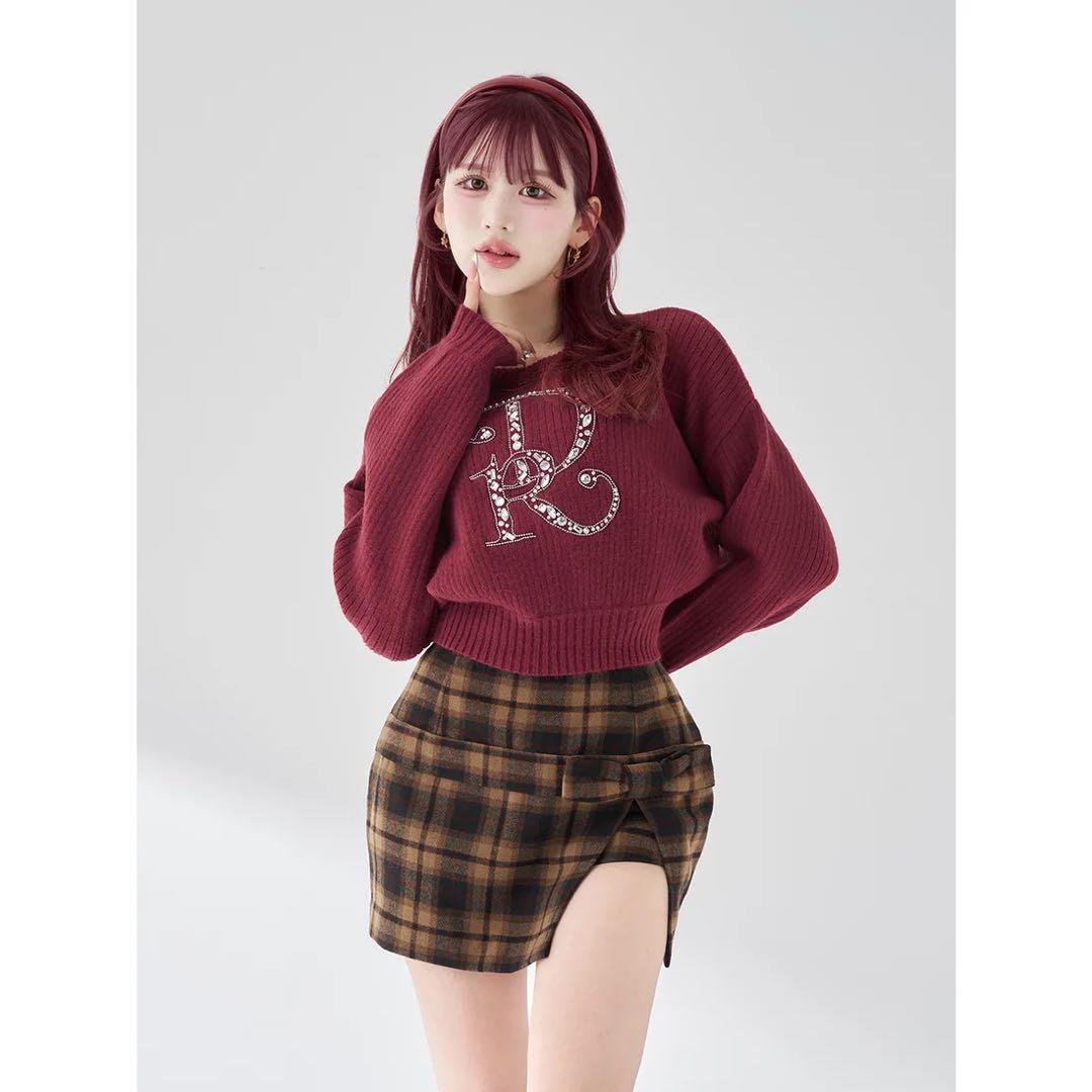 新品タグ付き ダーリッチ スリットチェックリボンミニスカート ブラウン S