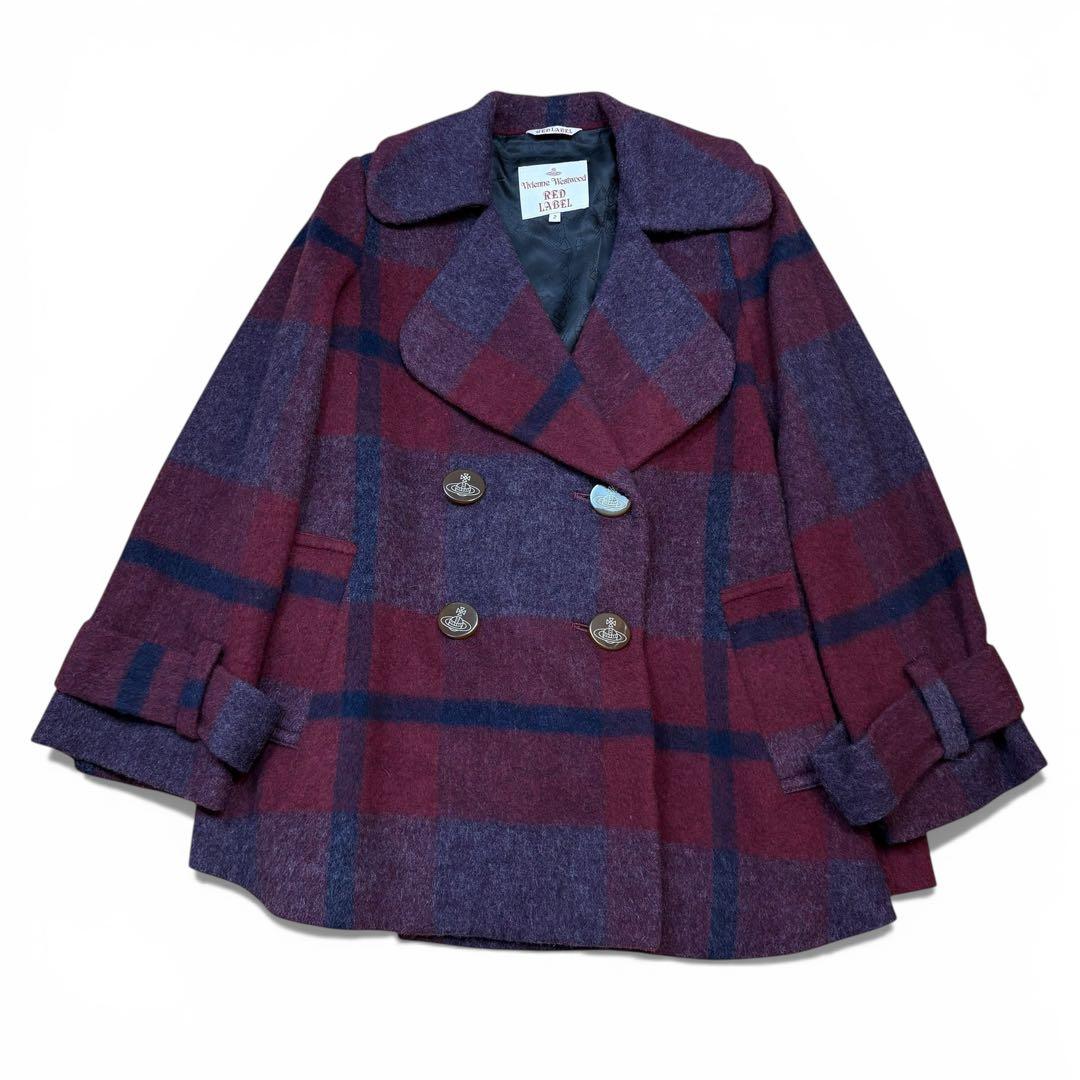 極美品 ヴィヴィアンウエストウッドレッドレーベル チェックウールコート ポンチョ