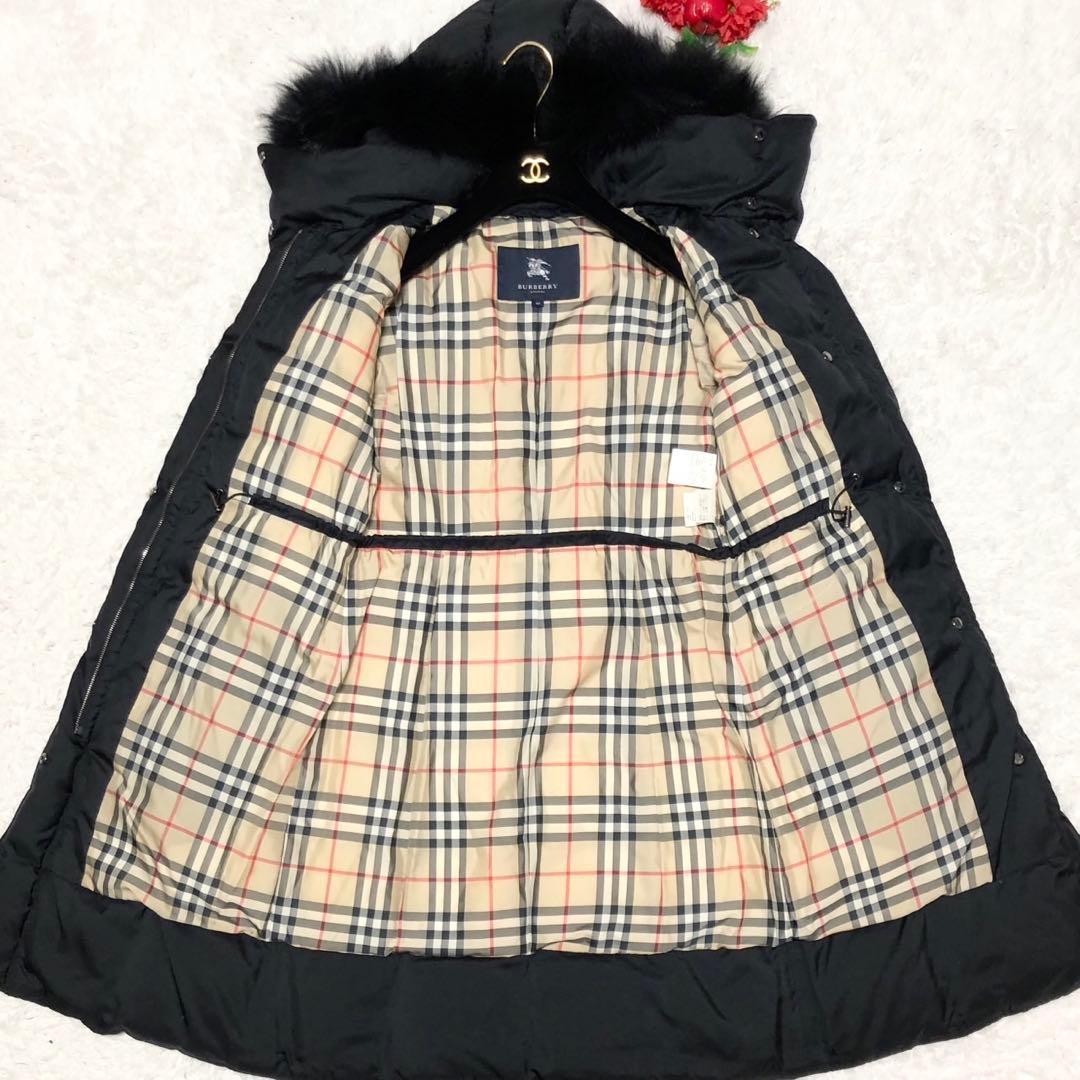 美品 BURBERRY ダウンコート ノバチェック柄 リアルファー ブラック