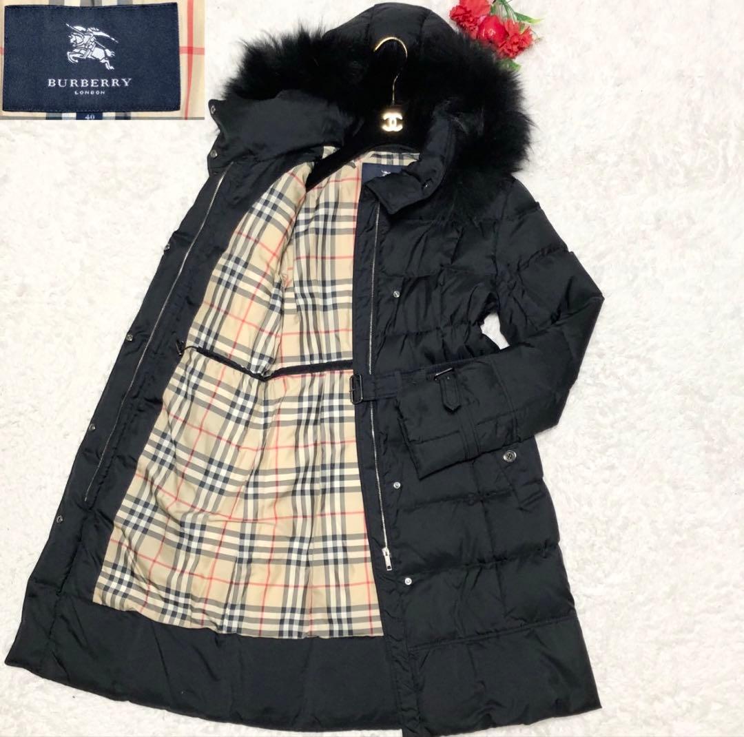 美品 BURBERRY ダウンコート ノバチェック柄 リアルファー ブラック